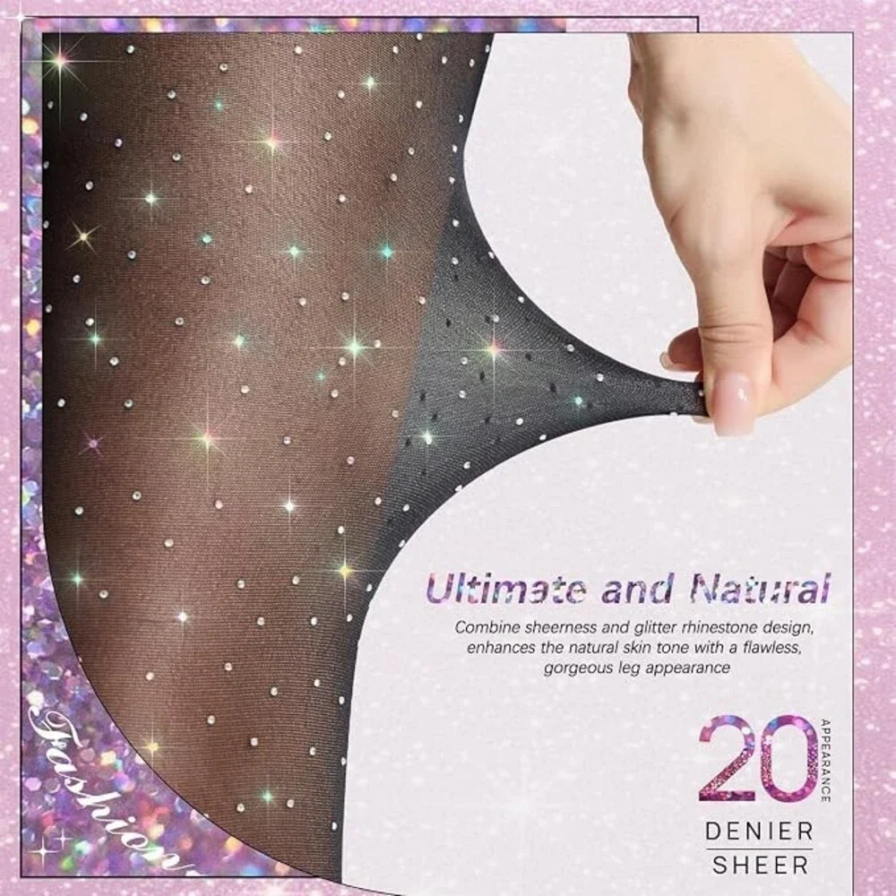 MANZI Rhinestone Sheer Tights Sparkle Shimmer Pantyhose Black Small-Medium 2PK